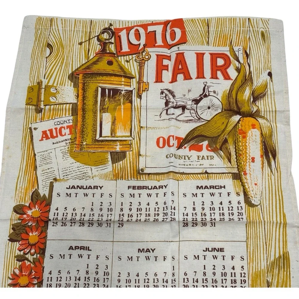 Vintage 1976 Calendar Tea Towel Cotton Fall Fair Wall‎ Hanging No Dowel